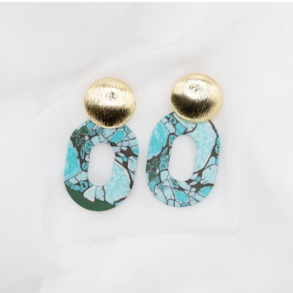 Blue + Gold Oval Earrings, Lightweight Earrings, Handmade Polymer Clay Earrings - Picture 1 of 4